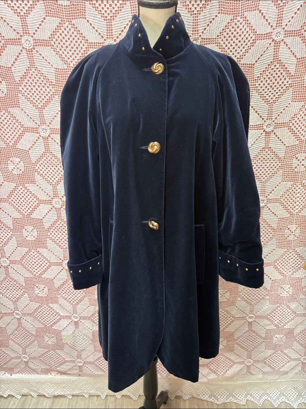 Vintage Navy Velvet Studded Long Coat – Gold Buttons